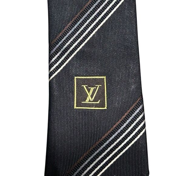 Louis Vuitton Navy Blue Striped Designer Neck Tie 100% Silk Embroidered Logo - Picture 11 of 14